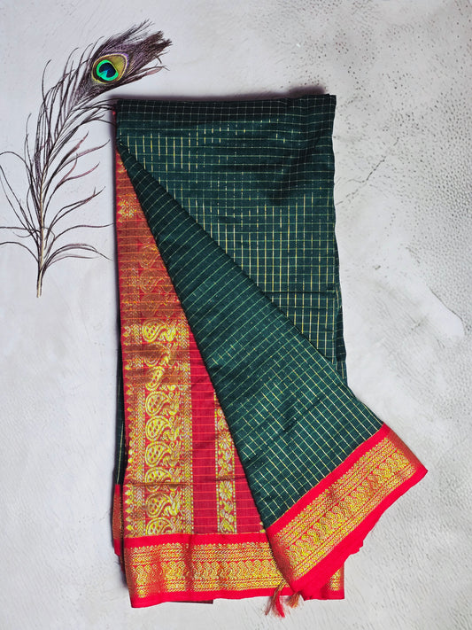 Dark Green & Red Gold Checks with Intricate Paisley Zari Border Chettinad Cotton Saree