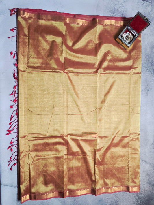 Red & Antique Gold Mangalagiri Handloom Plain Saree with Rich Gold Pallu