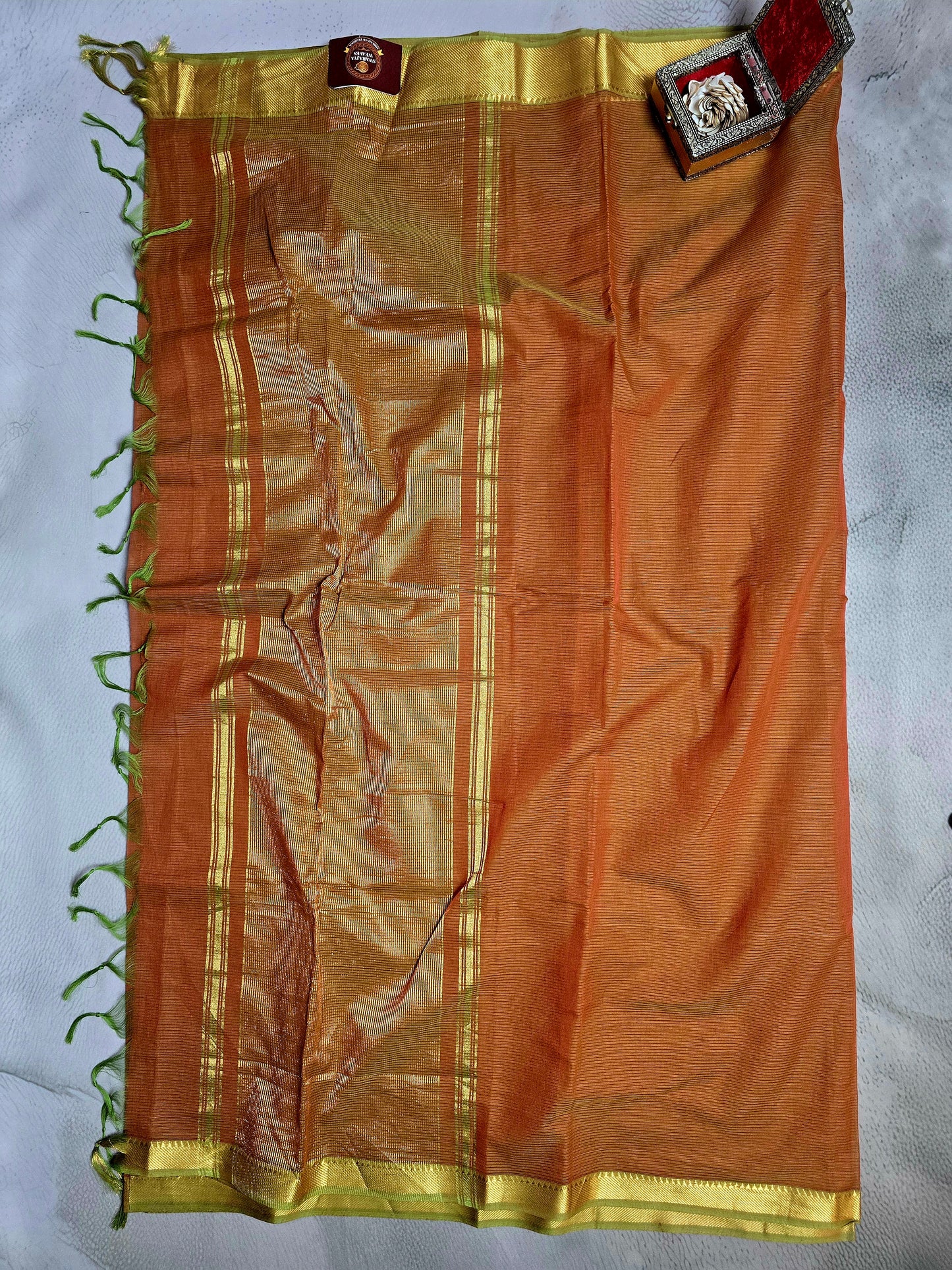Rust Orange & Gold Mangalagiri Handloom Plain Saree with Green Tassels