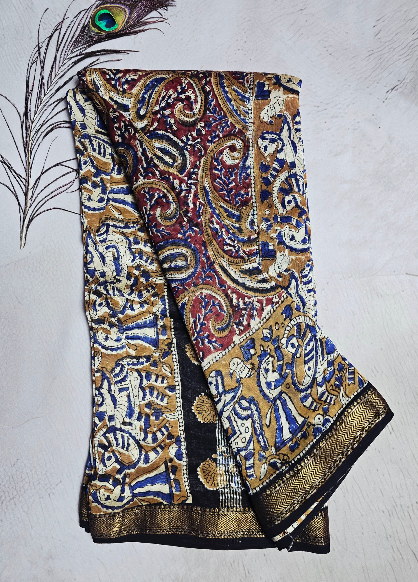 Maroon & Mustard Maheshwari Silk Saree with Paisley & Peacock Kalamkari-Inspired Motifs