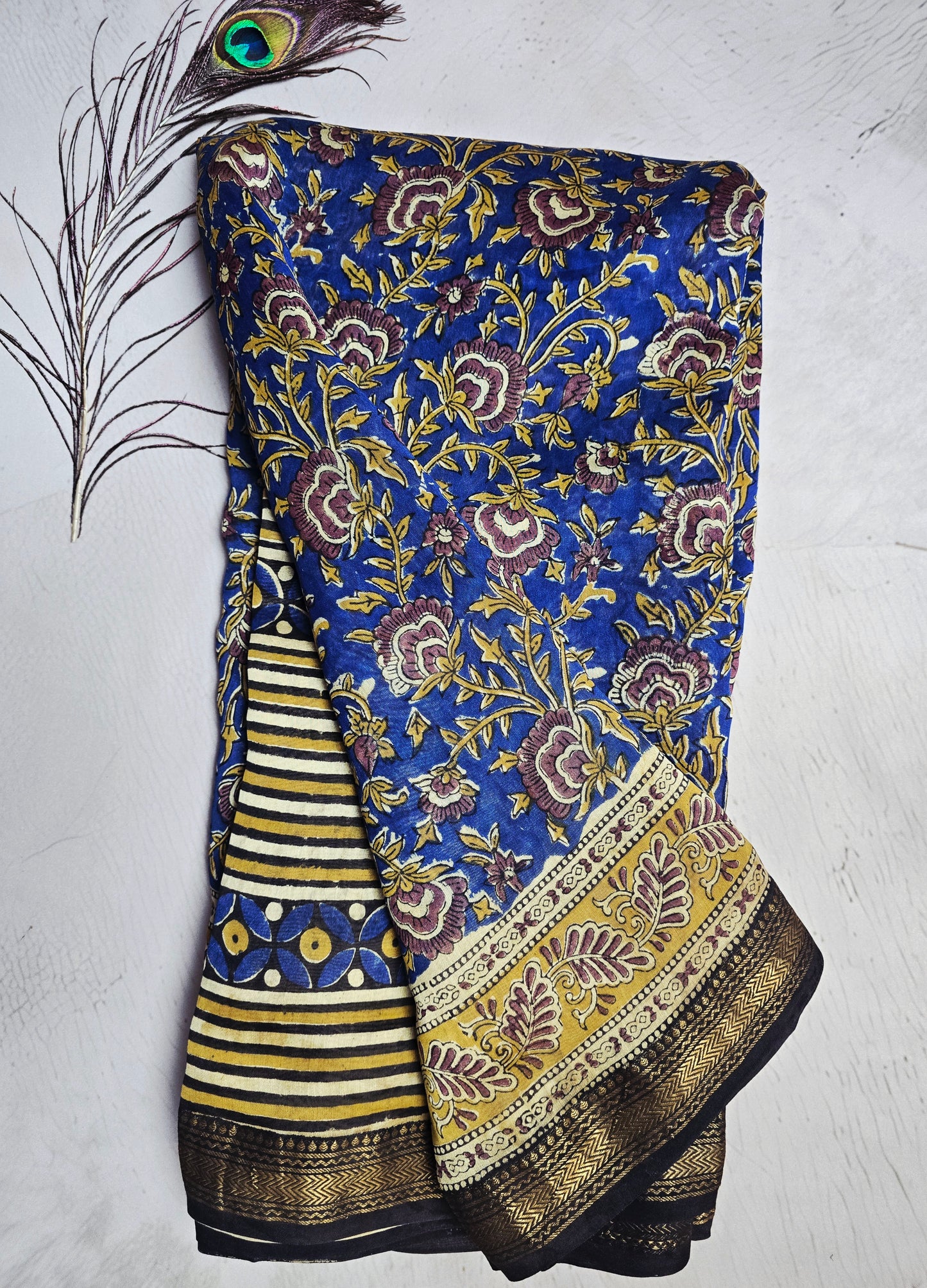 Royal Blue Maheshwari Silk Saree with Floral Vine Motifs & Antique-Gold Zari Border