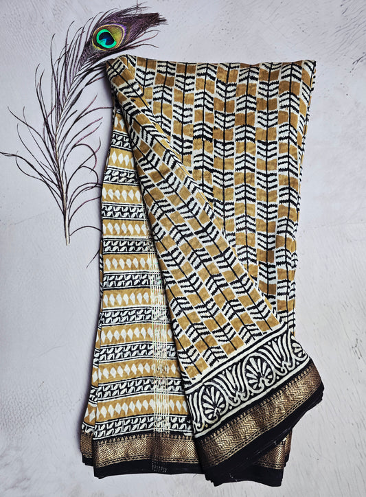 Ivory, Mustard & Black Maheshwari Silk Saree with Geometric Chevron Pattern