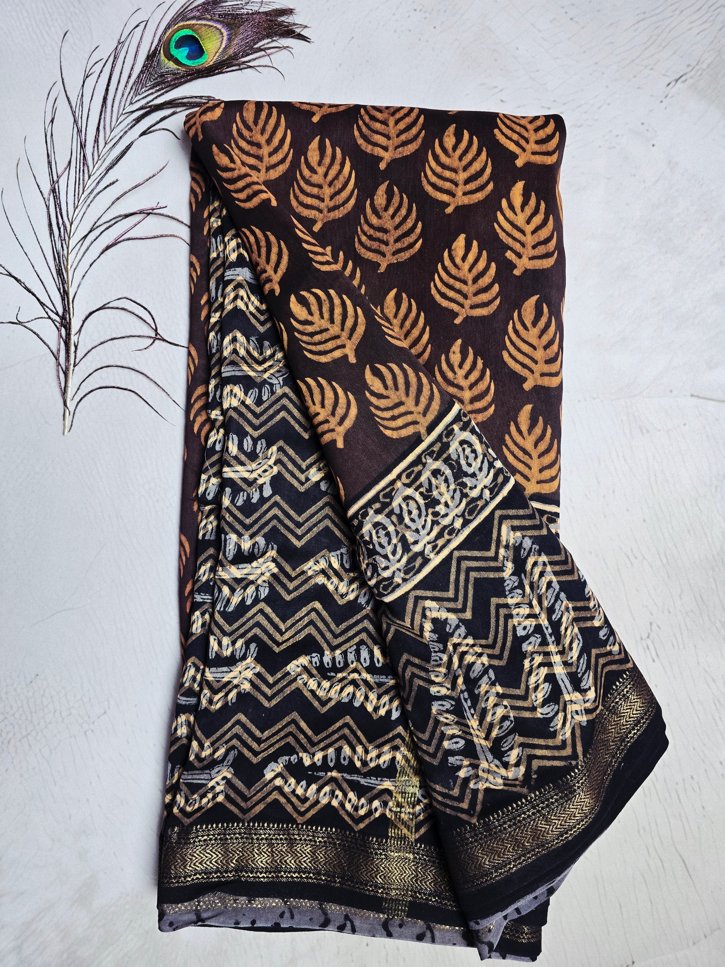 Brown & Black Maheshwari Silk Saree with Mustard Leaf Motifs & Gold Zari Chevron Border