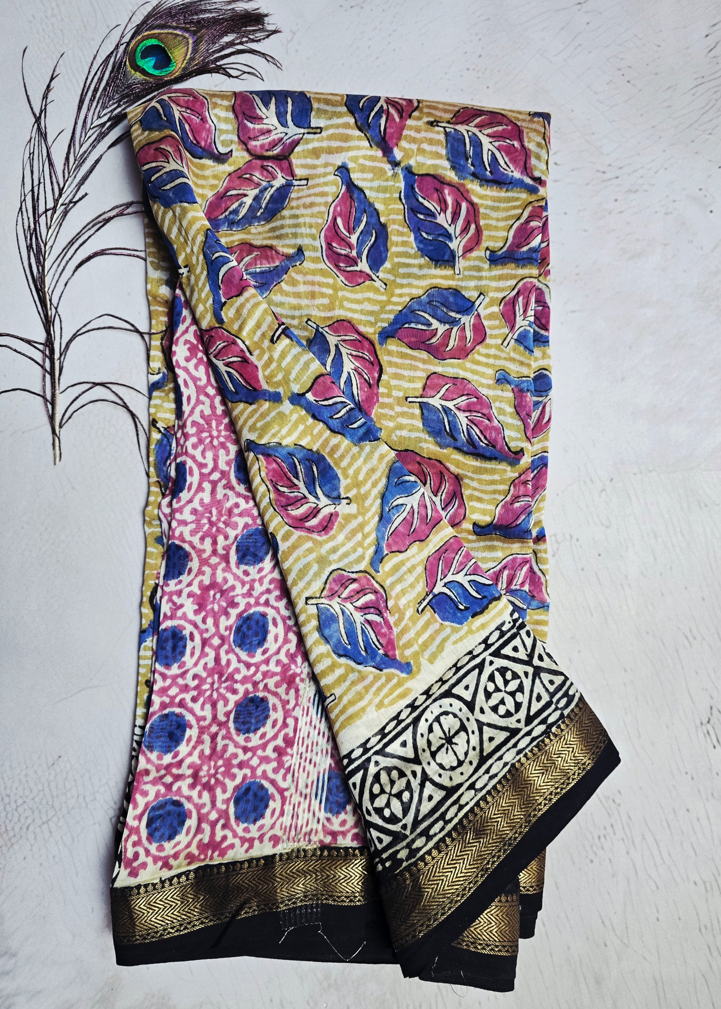 Mustard Yellow, Pink & Blue Leaf Print Maheshwari Silk Saree with Black-Ivory Geometric Border & Antique-Gold Zari