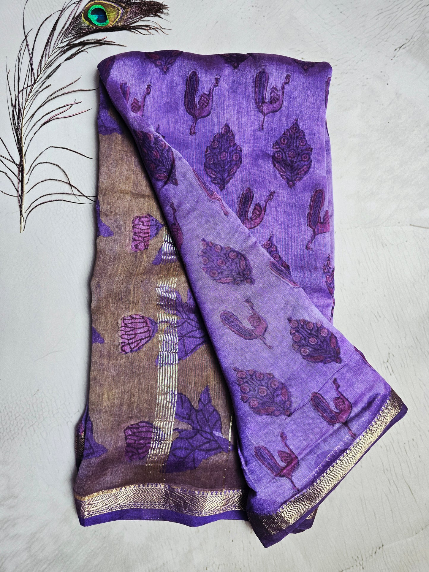 Royal Purple Maheshwari Silk Ajrakh Saree with Peacock & Floral Motifs