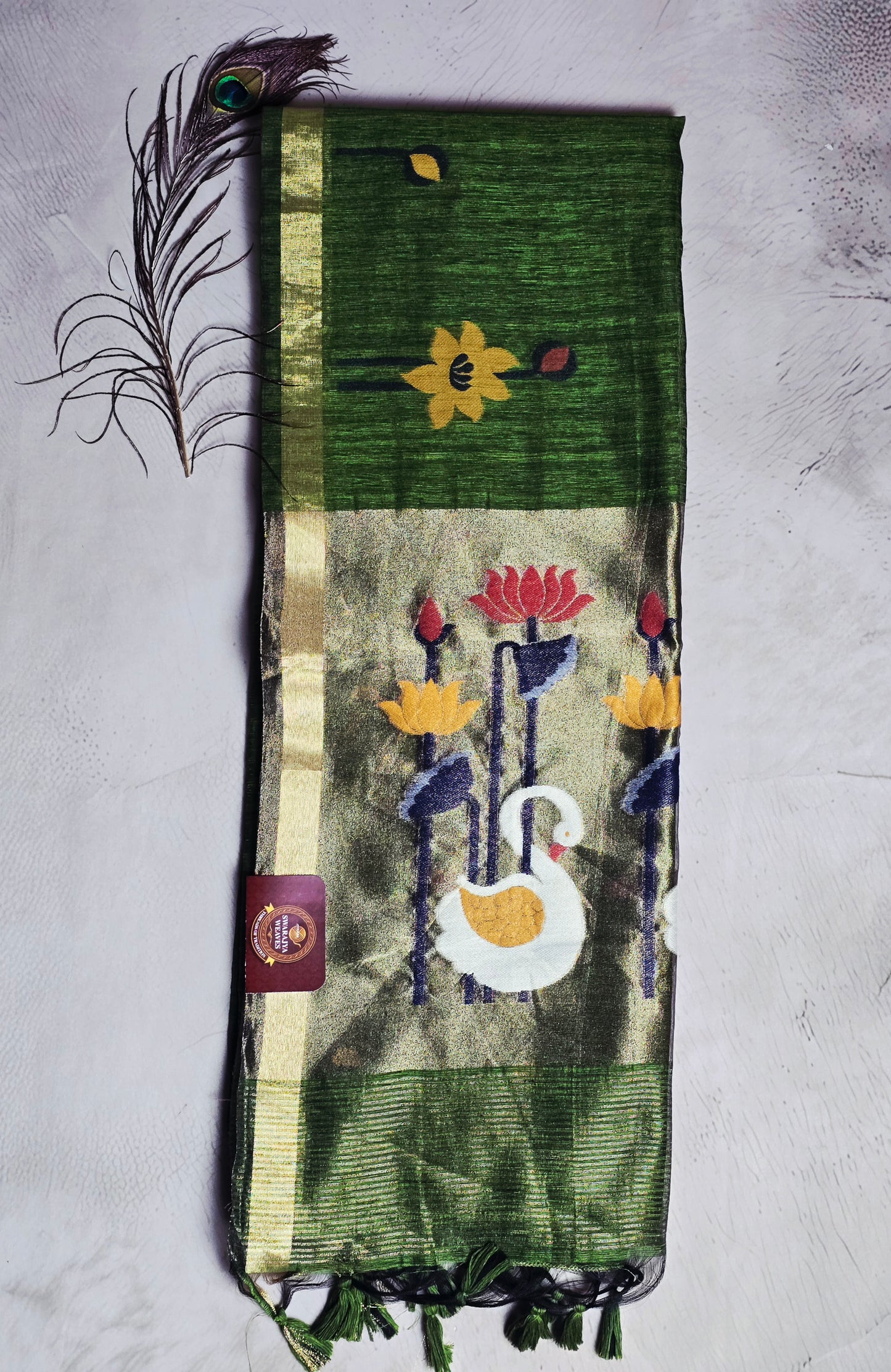 Emerald Green & Silver-Grey Tussar Silk Saree with Swan Jamdani Pallu & Floral Motifs