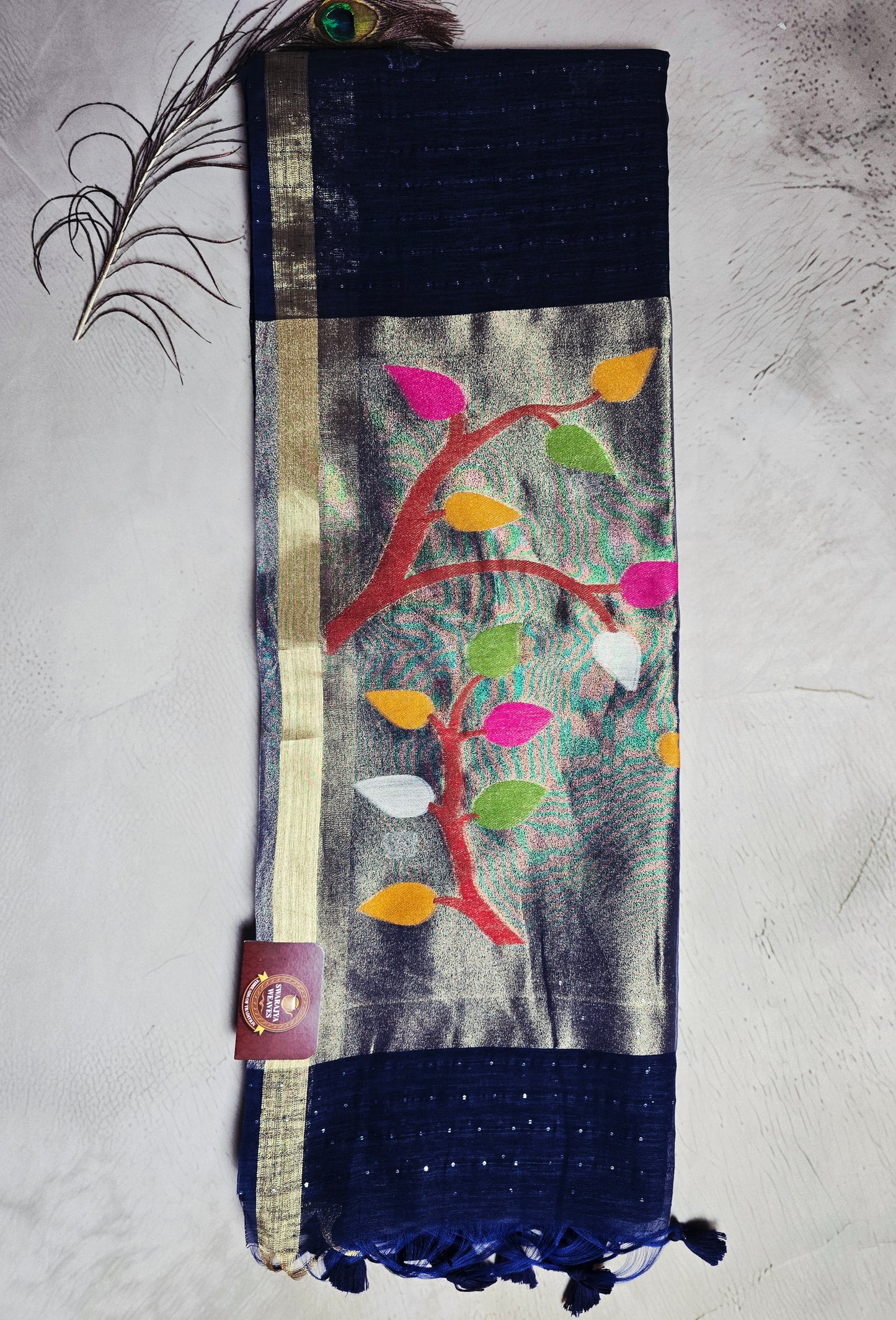 Navy Blue Tussar Silk Saree with Multicolour Leaf Jamdani Pallu