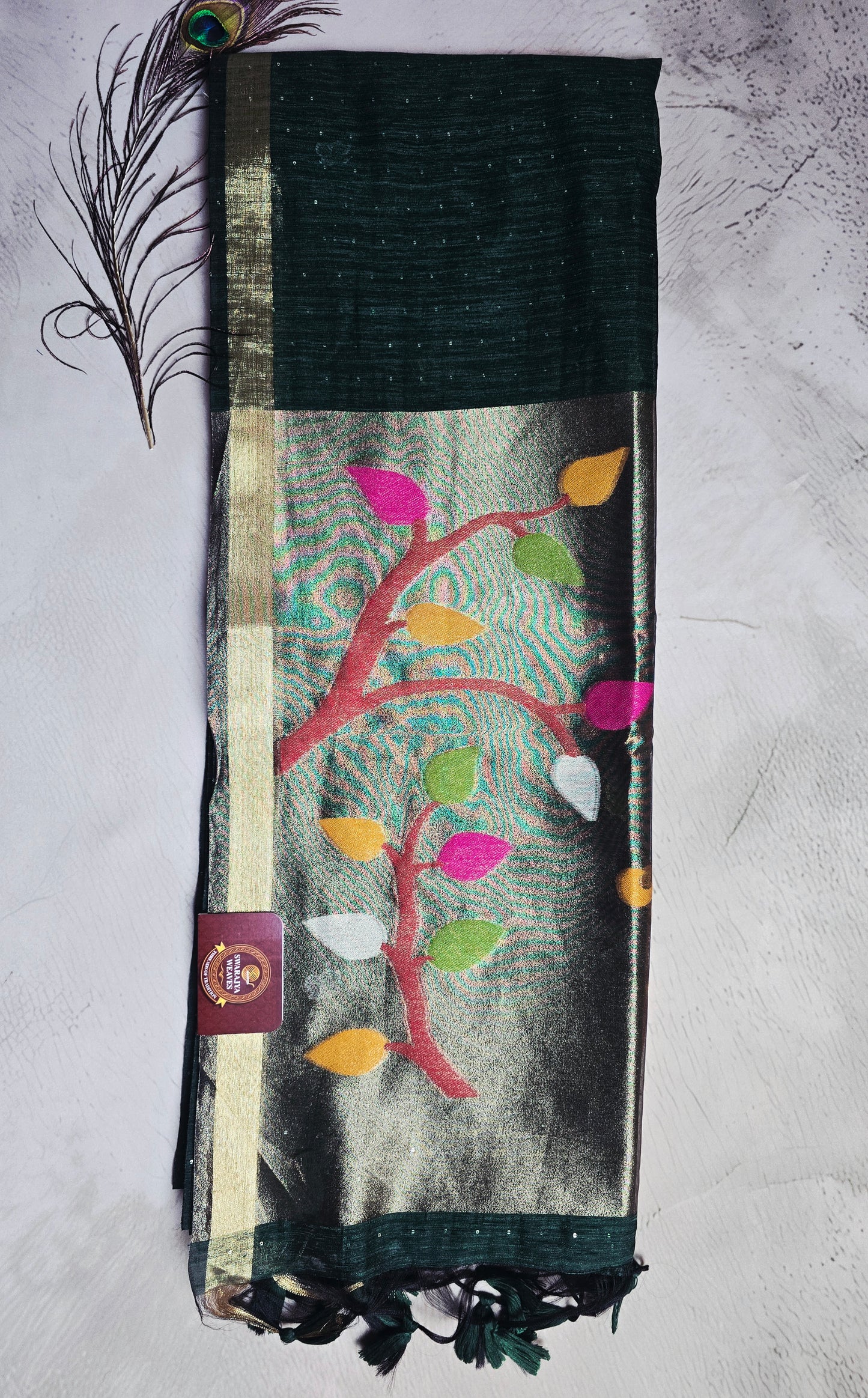 Deep Emerald Green Tussar Silk Saree with Multicolour Leaf Jamdani Pallu