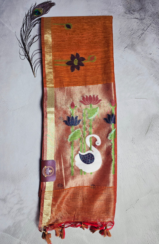 Burnt Orange Tussar Silk Saree with Lotus & Swan Jamdani Pallu