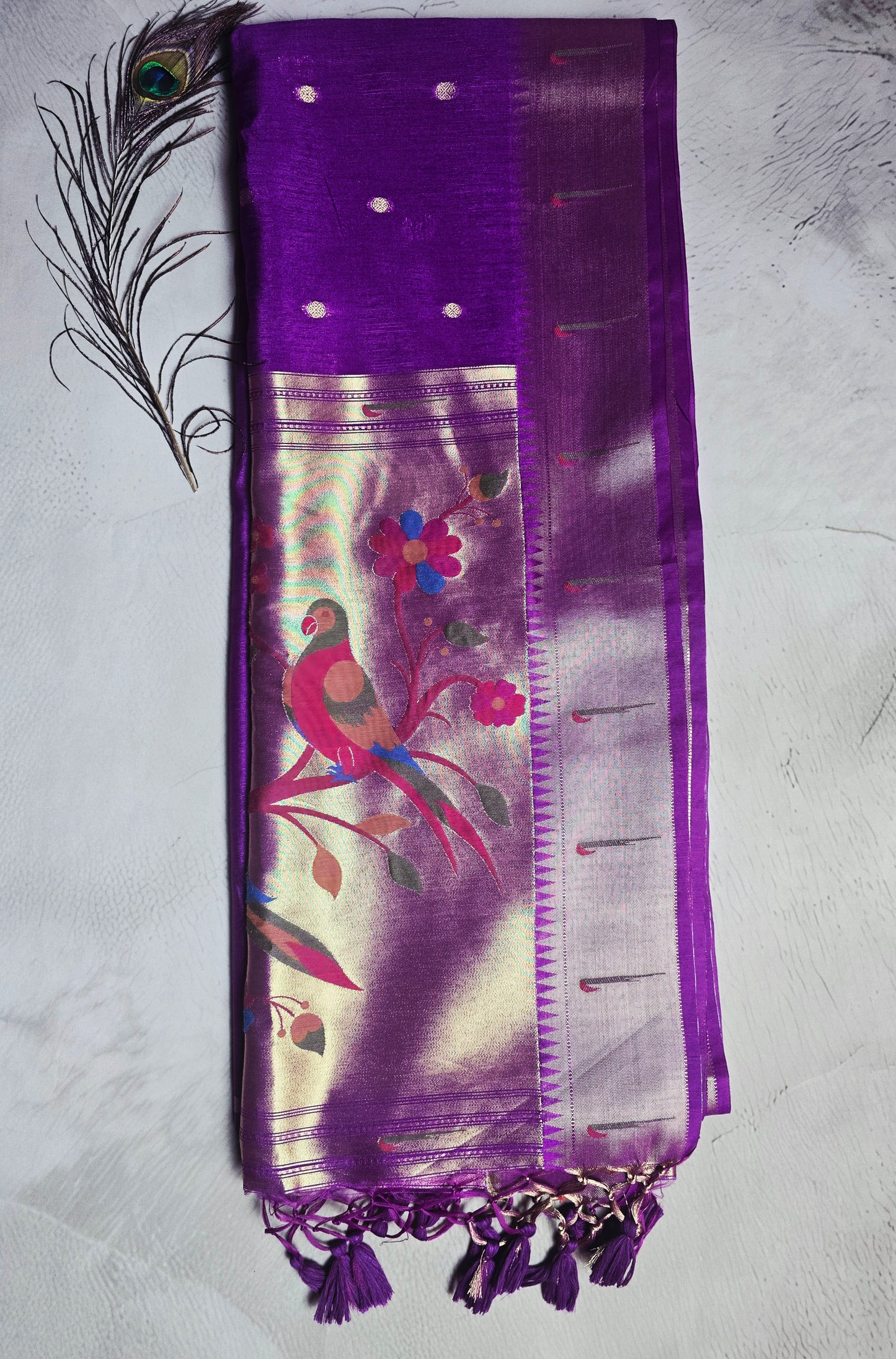 Royal Purple Tussar Silk Saree with Multicolour Jamdani Pallu