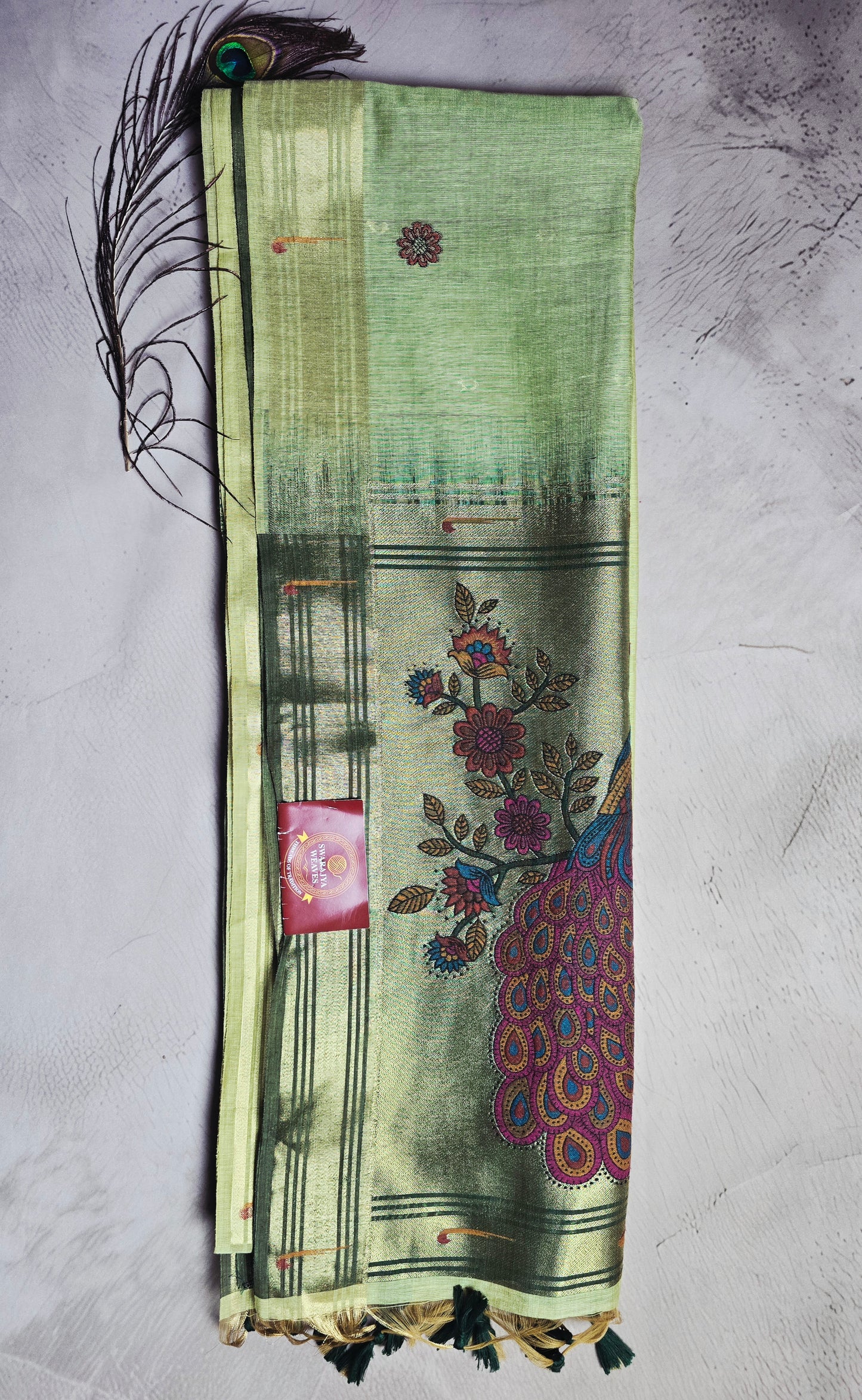 Pistachio Green Tussar Silk Saree with Peacock Jamdani Pallu