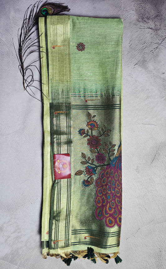 Pistachio Green Tussar Silk Saree with Peacock Jamdani Pallu