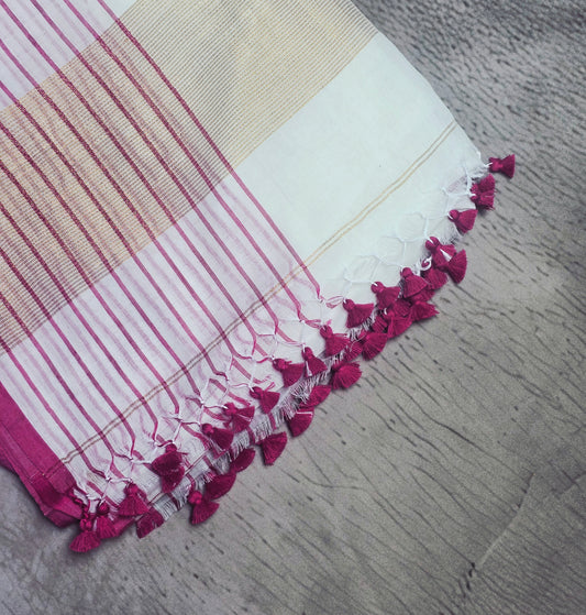 Ivory and Magenta Mull Cotton Saree with Gold Zari Stripes & Magenta Tassels