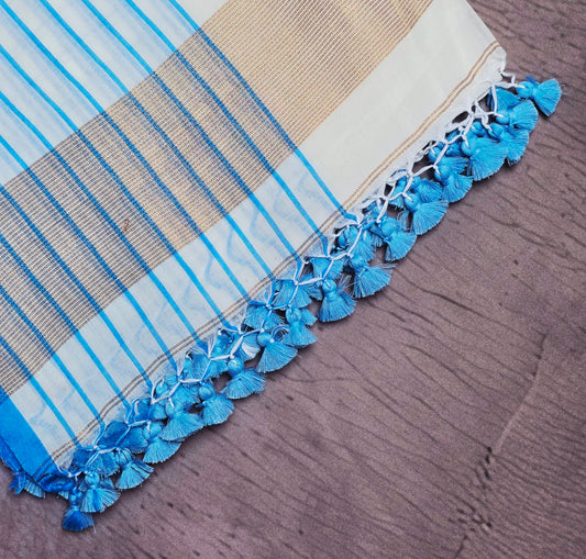 Ivory and Cyan Blue Mull Cotton Saree with Gold Zari Panels & Blue Tassels