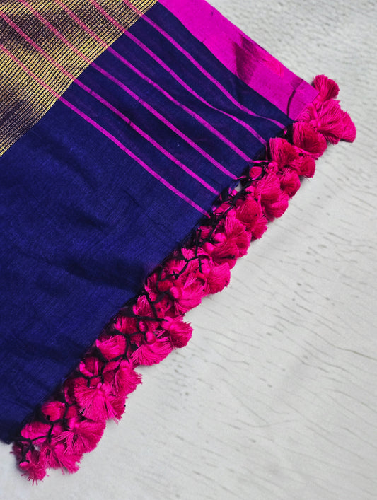 Deep Indigo and Magenta Mull Cotton Saree with Gold Zari Panels & Magenta Tassels