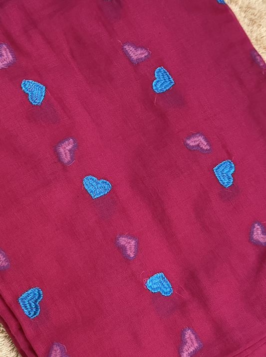Ruby Pink Mul Cotton Saree with Blue Heart Motifs & Tassels