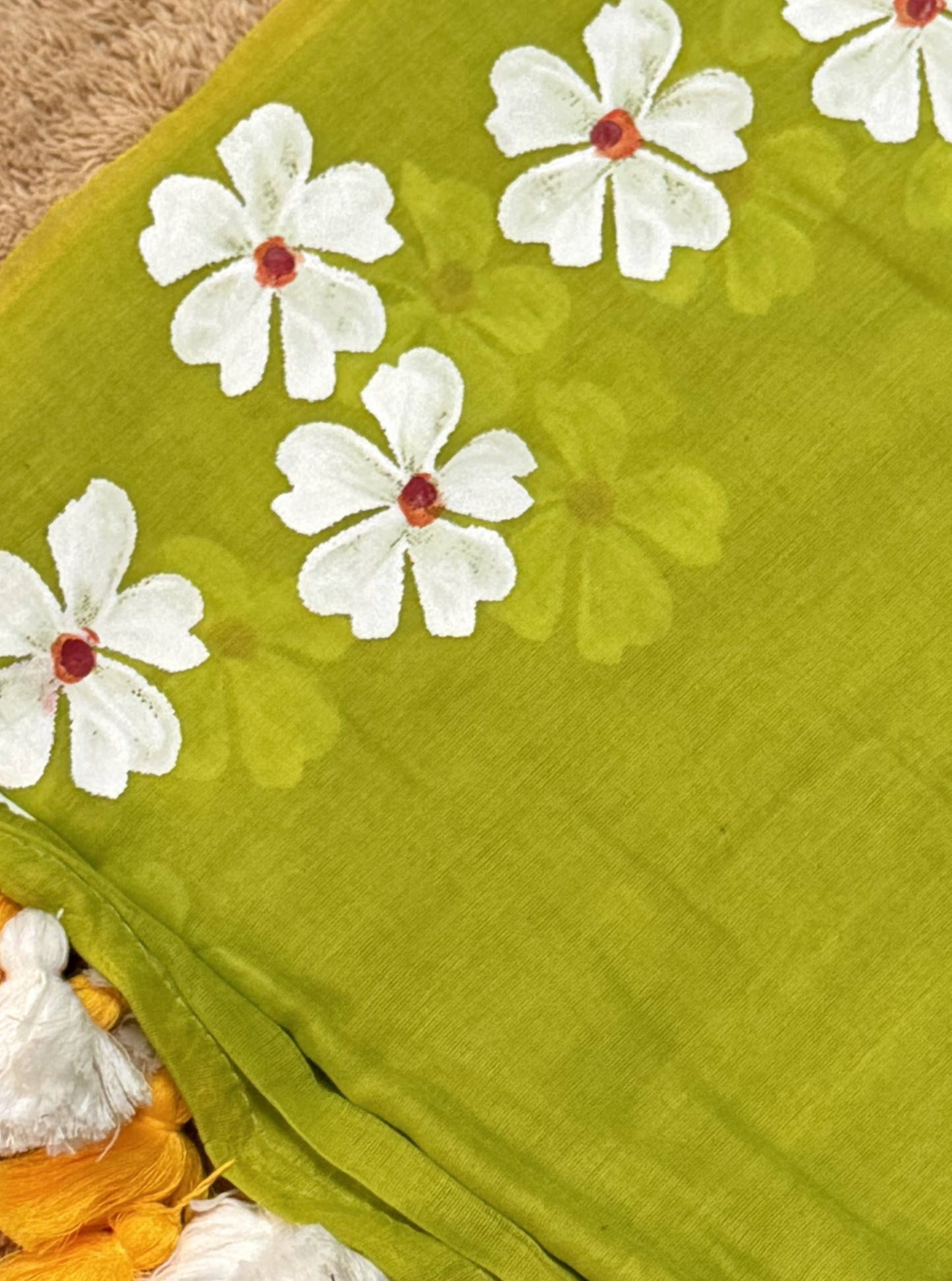 Lime Green Mul Cotton Saree with White Floral Design