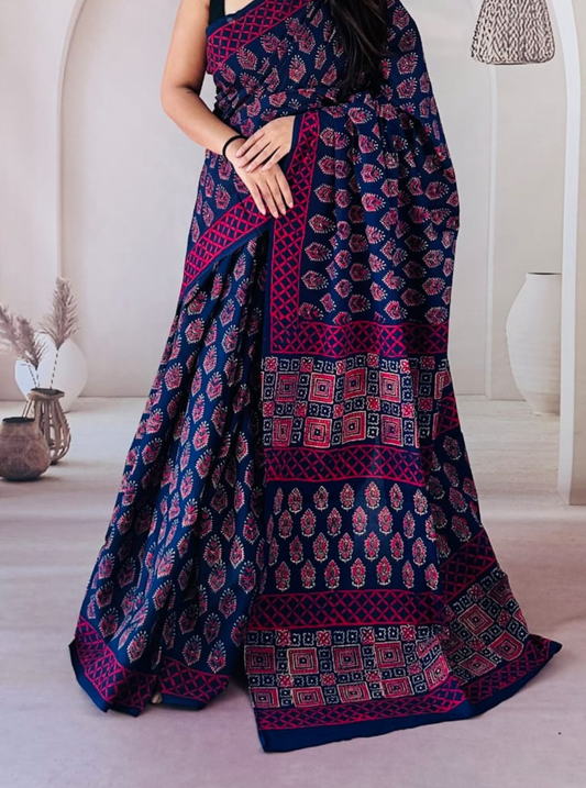 Navy Blue Bagru Print Cotton Saree with Crimson Geometric Border
