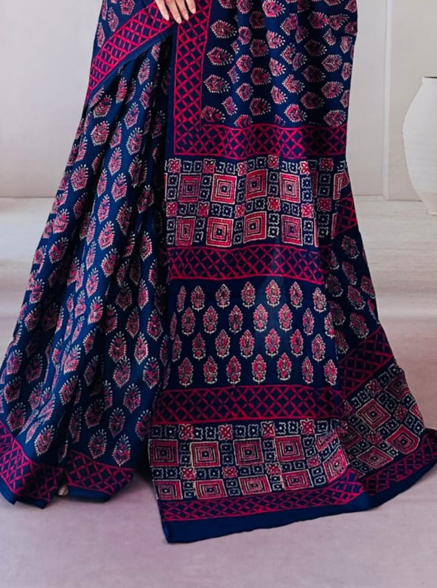 Navy Blue Bagru Print Cotton Saree with Crimson Geometric Border