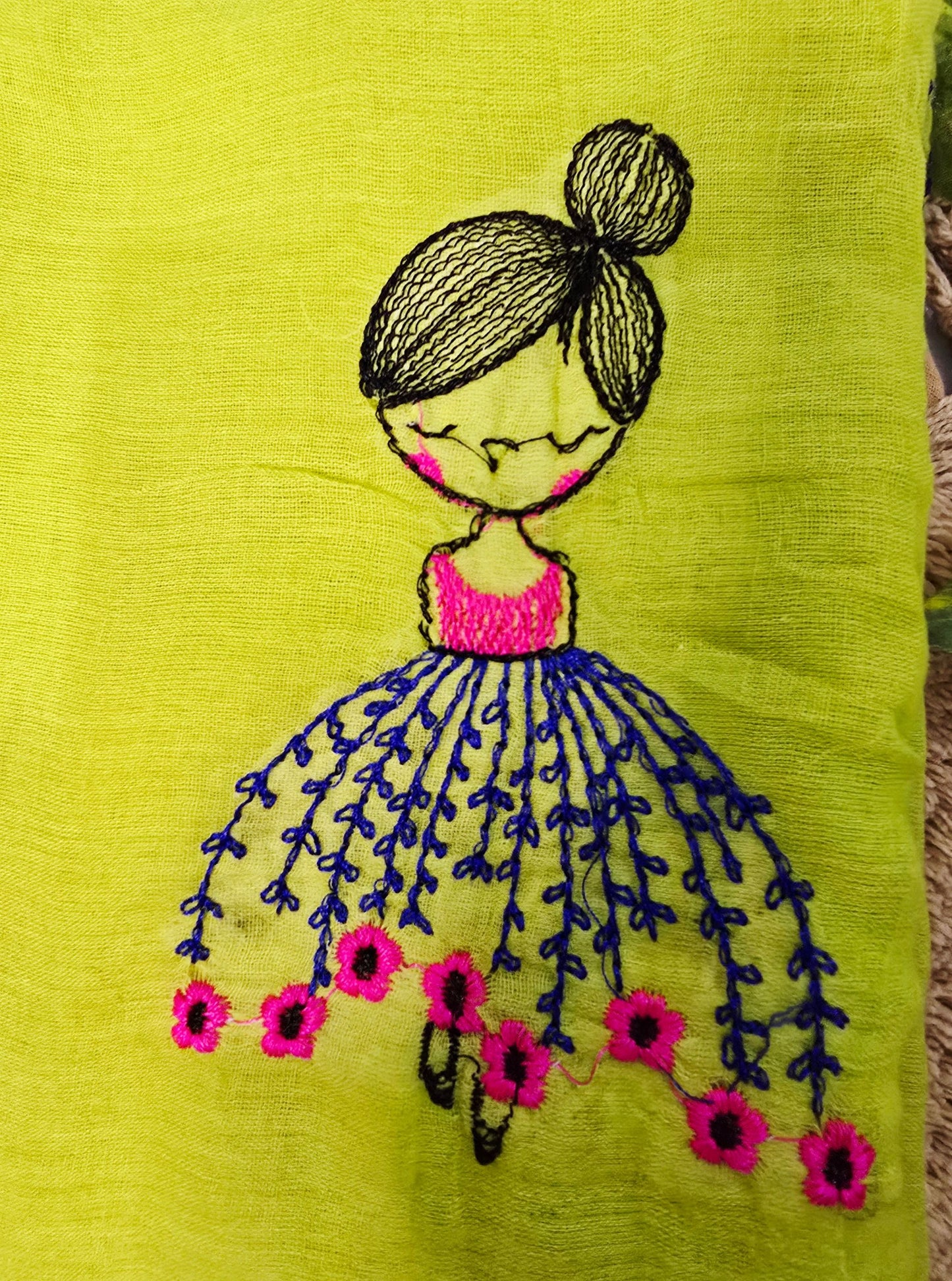 Lime Green Mul Cotton Saree with Hand-Embroidered Doll Motifs & Pink Tassels