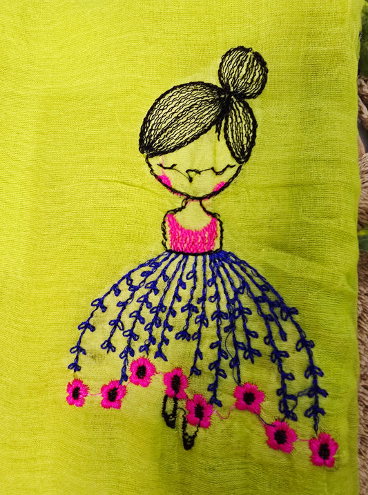 Lime Green Mul Cotton Saree with Hand-Embroidered Doll Motifs & Pink Tassels