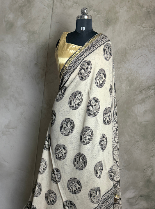 Ivory Kota Cotton Saree with Traditional Circular Motifs & Black Ethnic Border