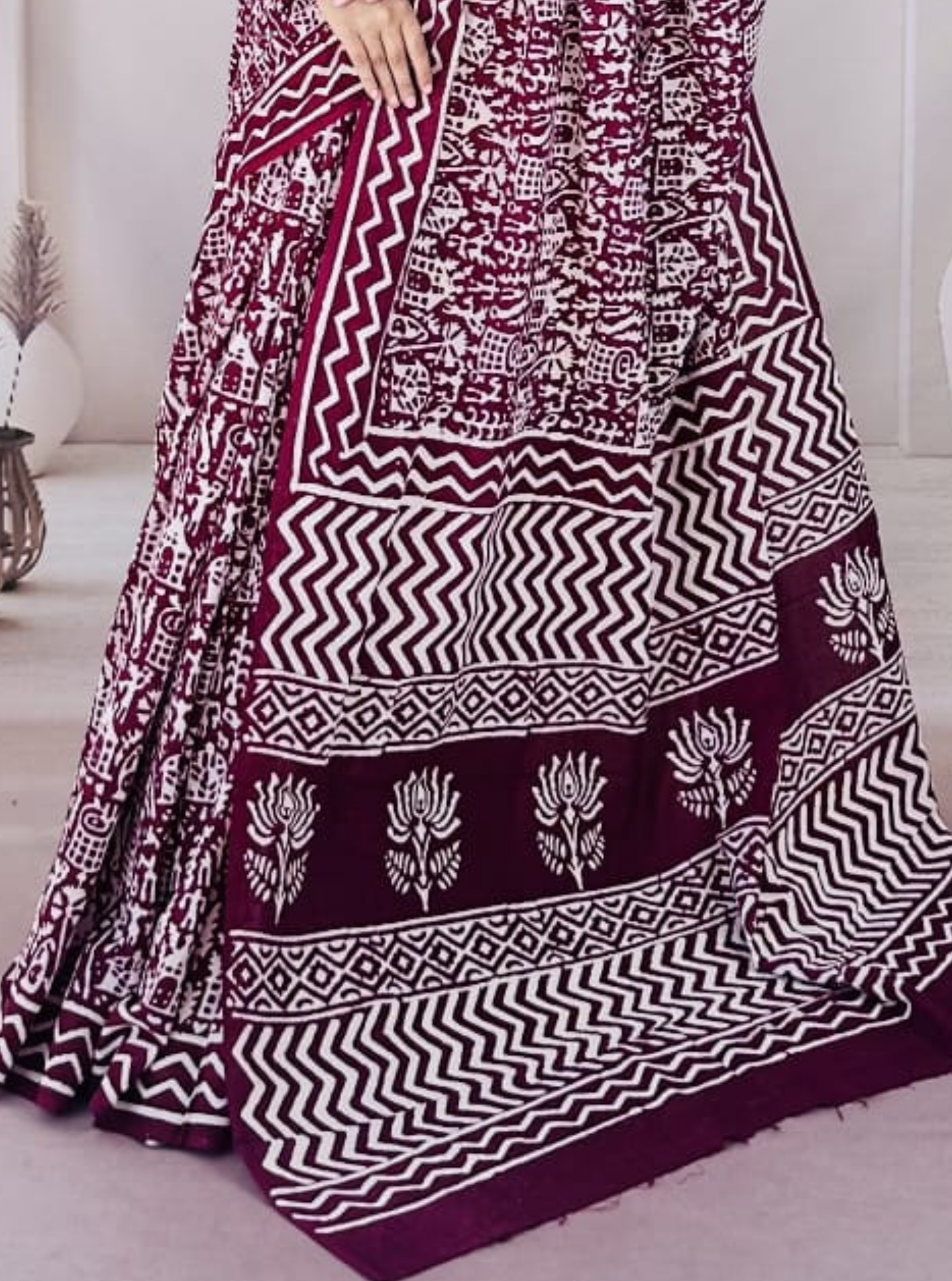 Maroon & Ivory Bagru Print Cotton Saree with Geometric Patterns