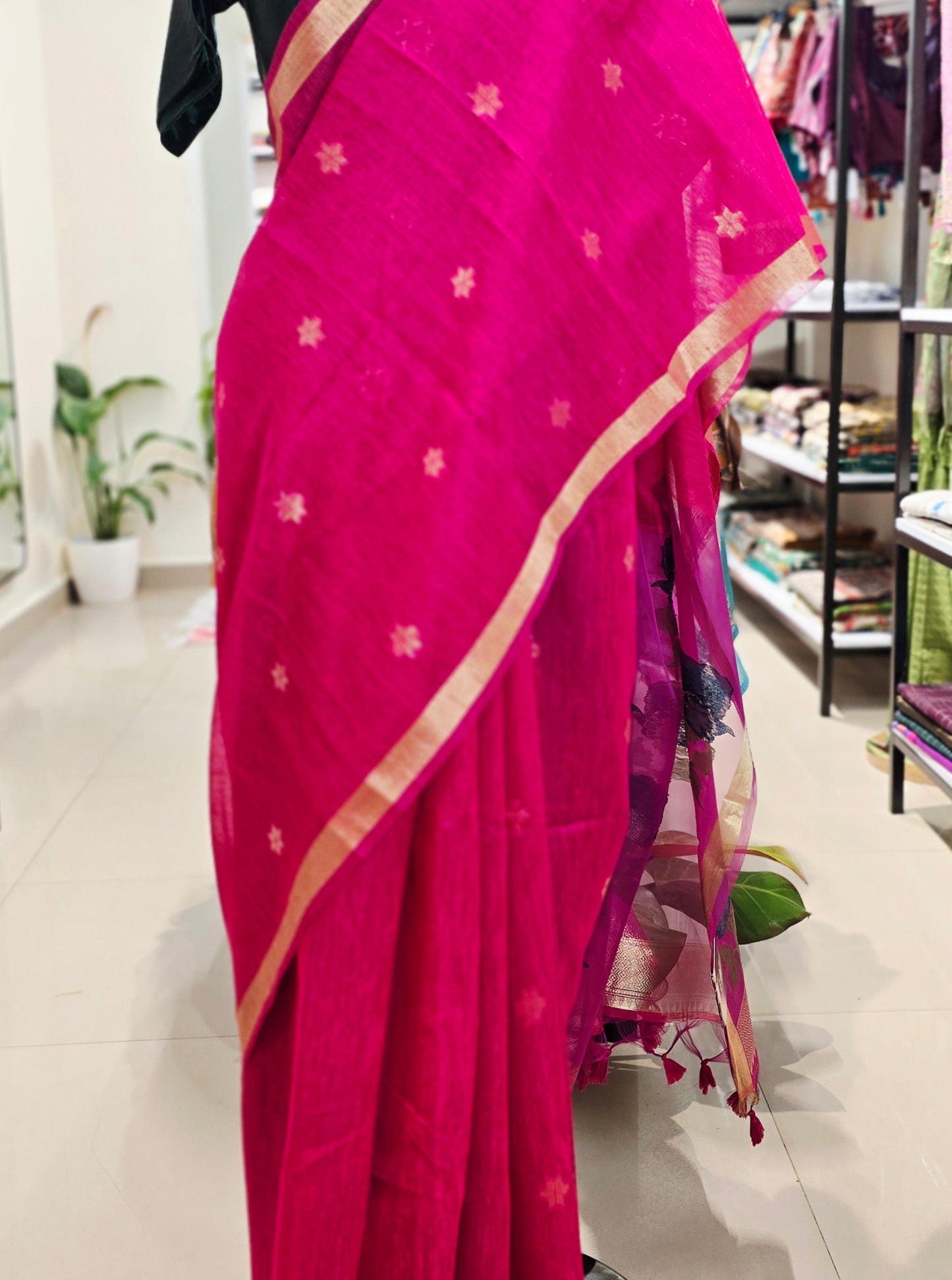Vibrant Pink Cotton Saree with Organza Pallu & Gold Accents