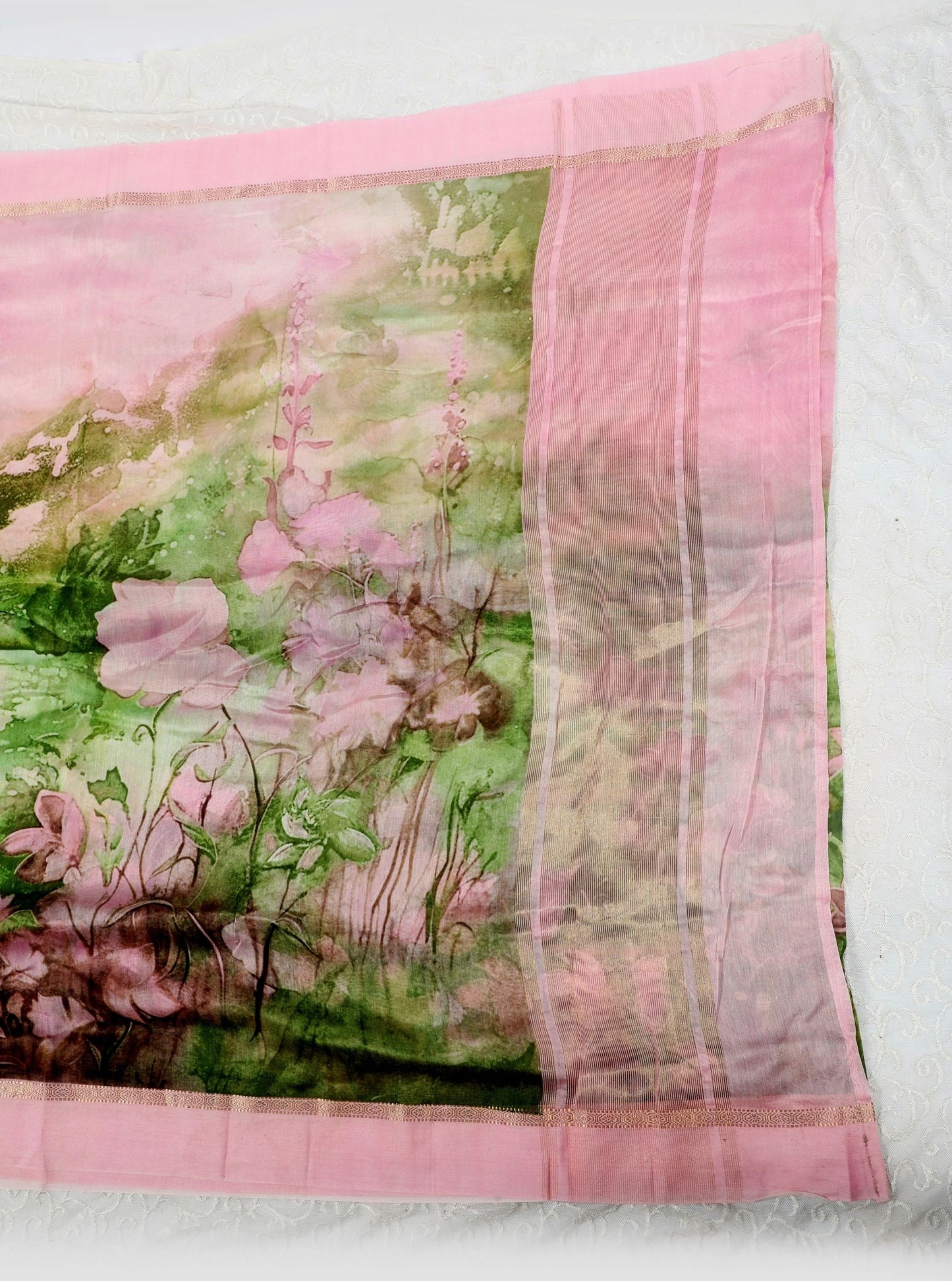 Blush Pink Chanderi Silk Saree with Hand-Painted Lotus Garden Pallu