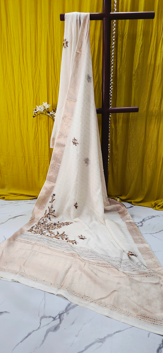 Beautiful White Georgette Saree with Hand Embroidery for Festive Wear