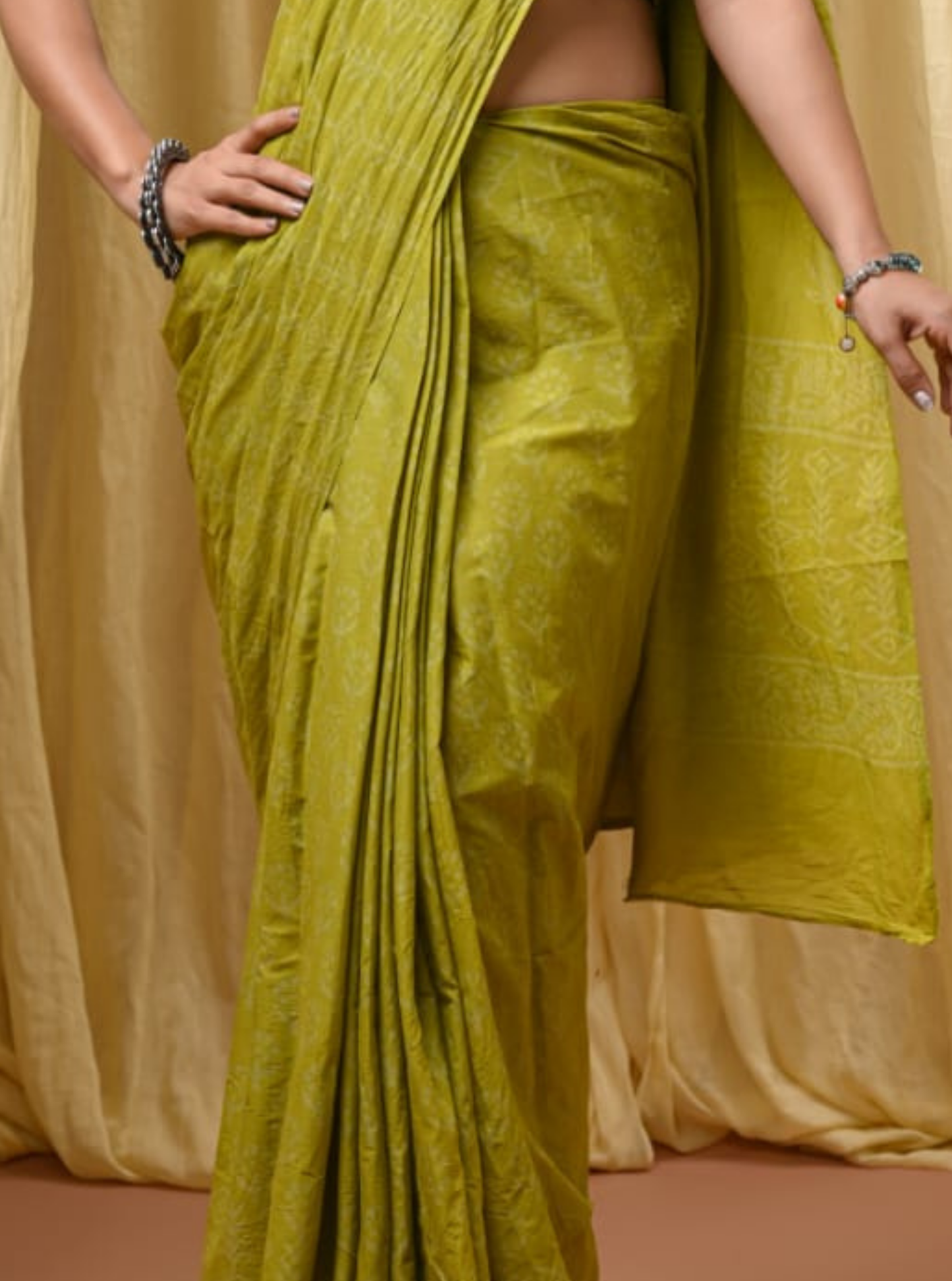 Olive Green Bagru Print Cotton Saree with Subtle Motifs