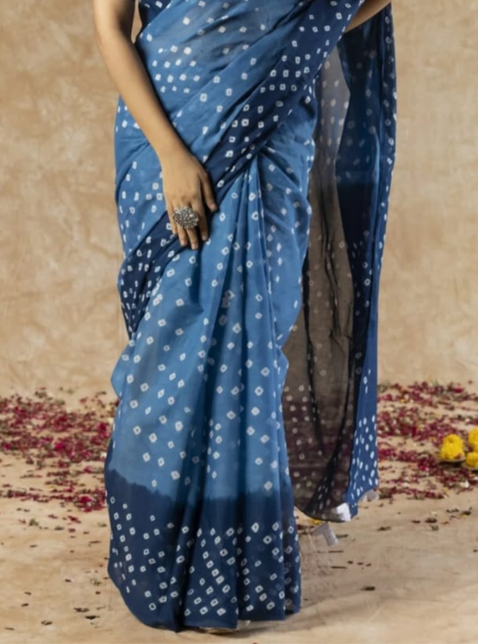 Indigo Blue Bagru Print Cotton Saree with Dotted Bandhani Motifs