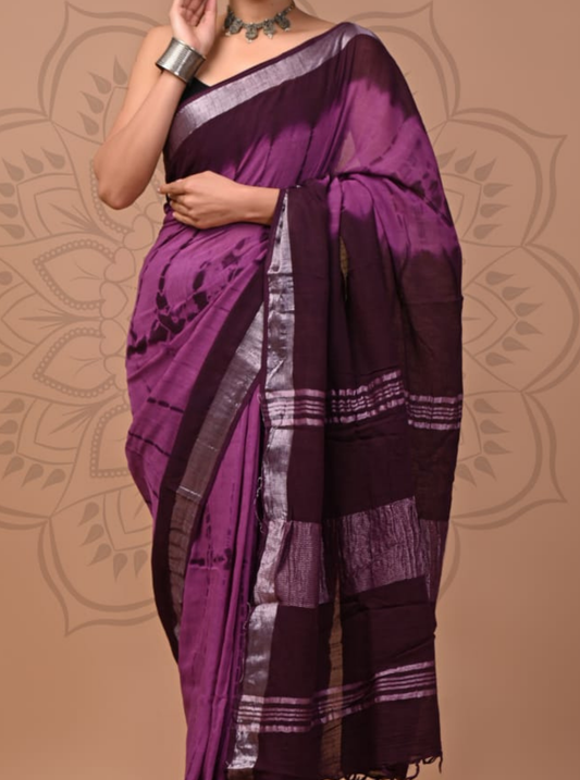 Plum Purple Cotton Linen Saree with Silver Border