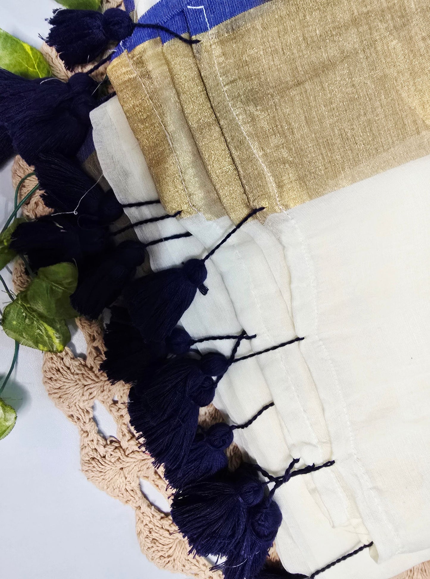 Ivory Mul Cotton Saree with Gold Zari Border, Royal Blue Accent & Navy Tassels