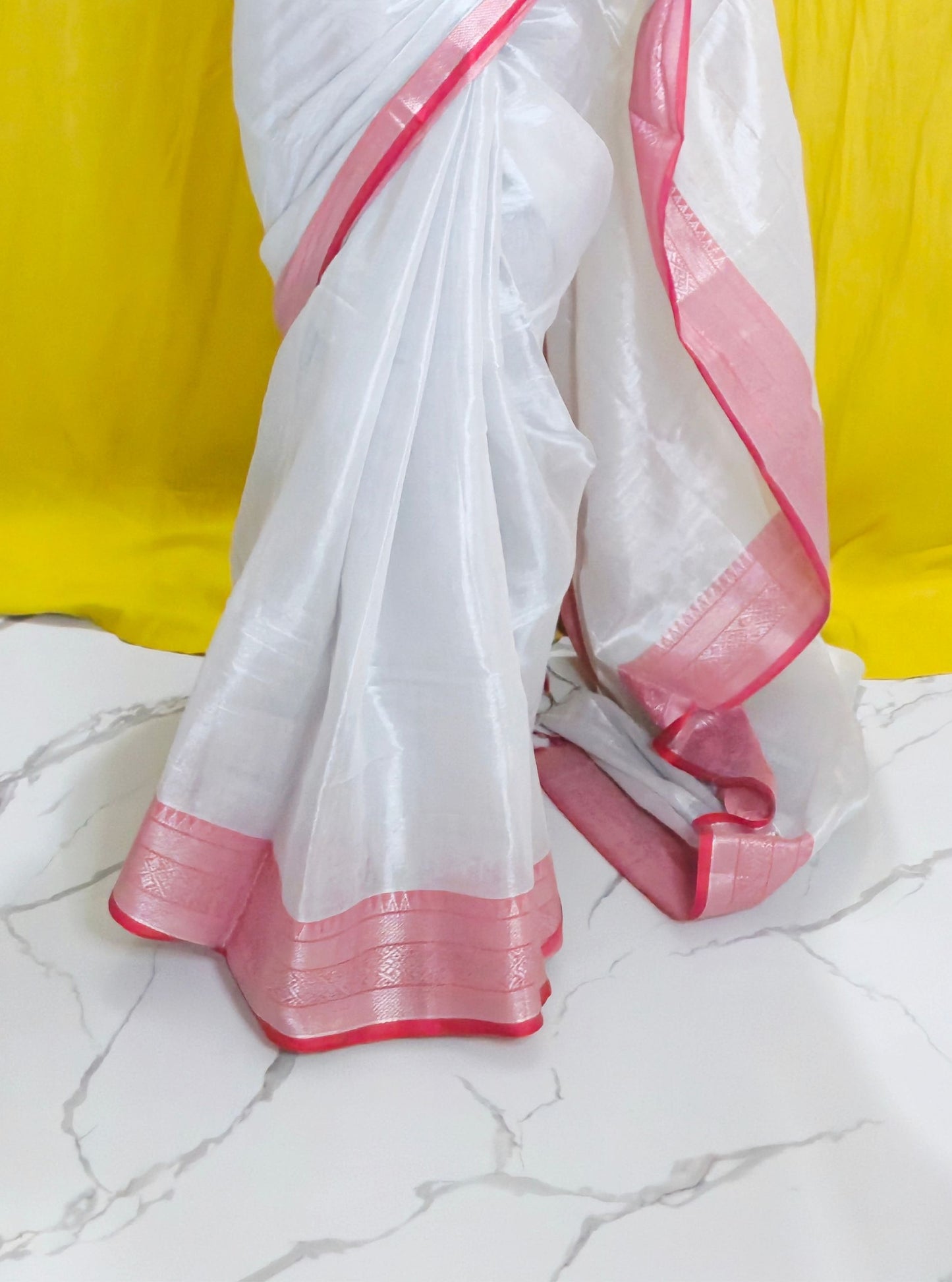 Ivory White Tissue Cotton Saree with Blush Pink Border