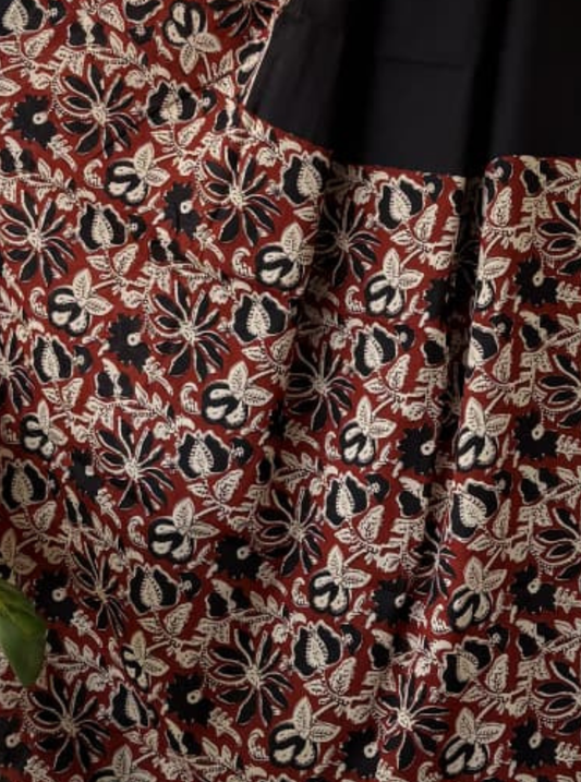 Black & Rust Bagru Print Cotton Saree with Floral Panel Design
