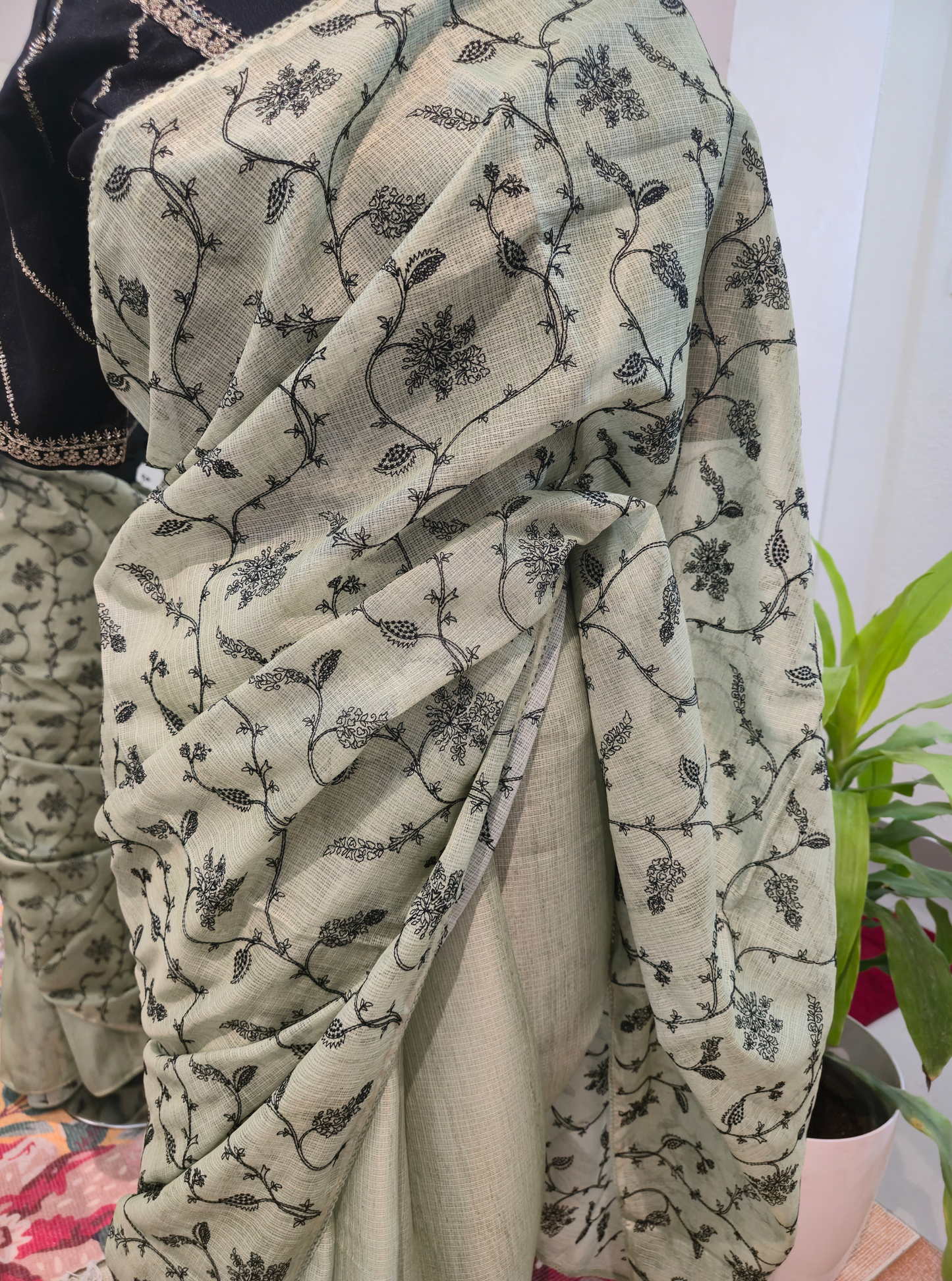 Pastel Green Kota Embroidery Saree with Delicate Floral Thread Work