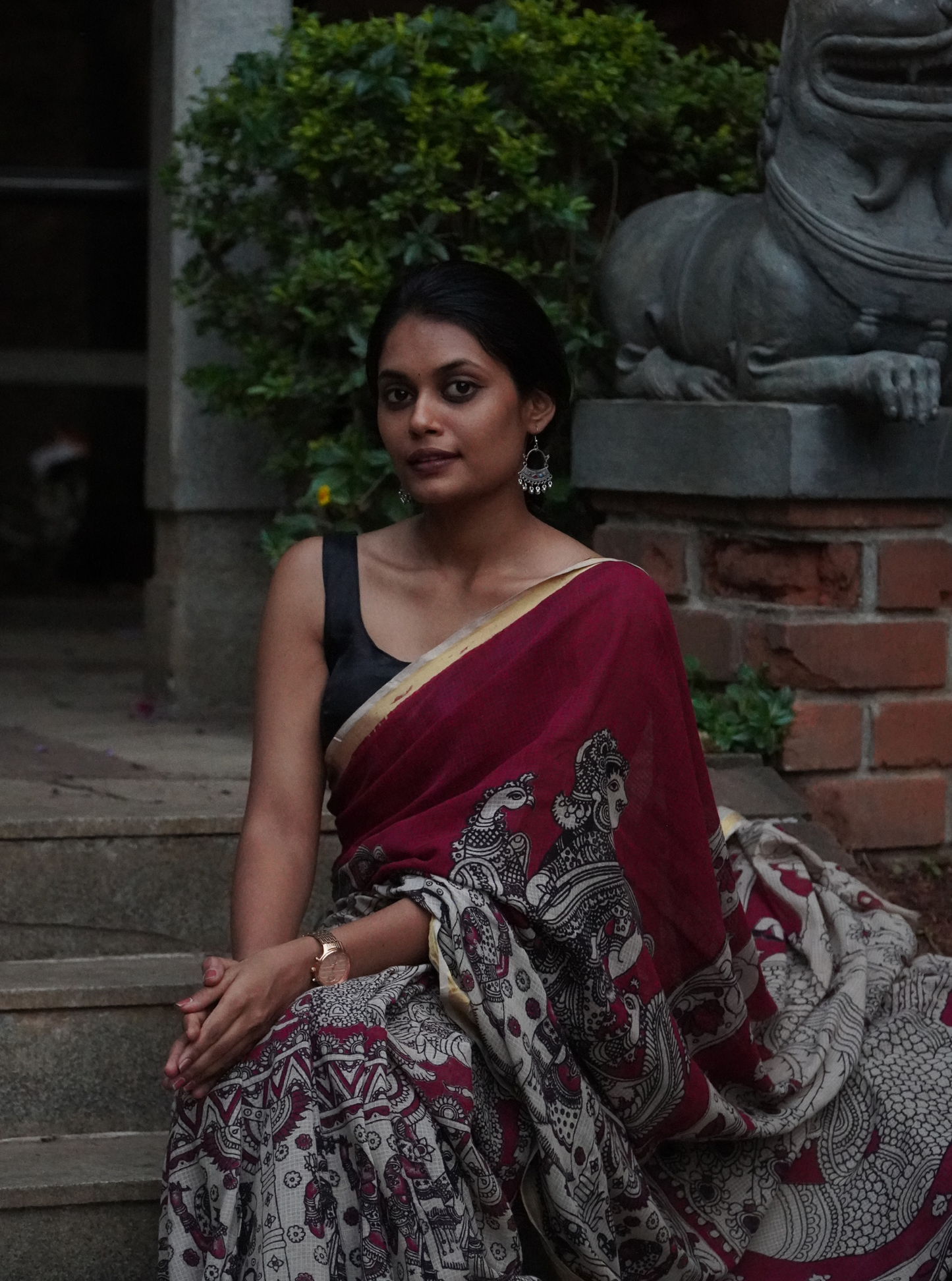 Grey Kota cotton Kalamkari Saree with Floral Art