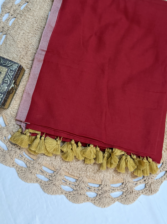 Crimson Red Mul Cotton Saree with Golden Tassel Pallu