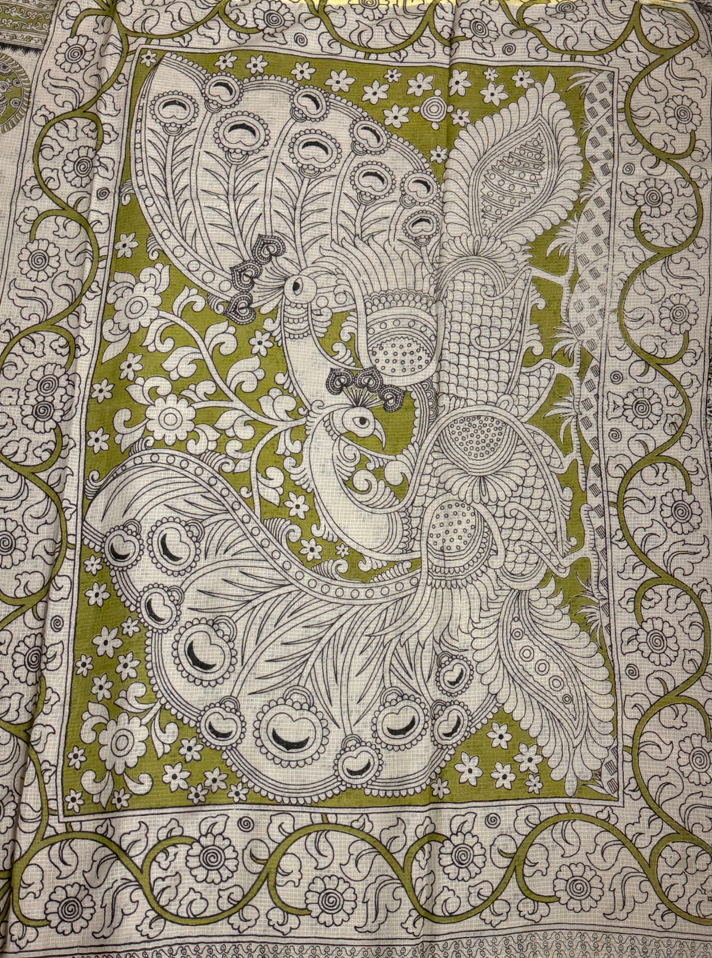 Ivory Kota Cotton Saree with Olive Green Circular Motifs & Ethnic Border