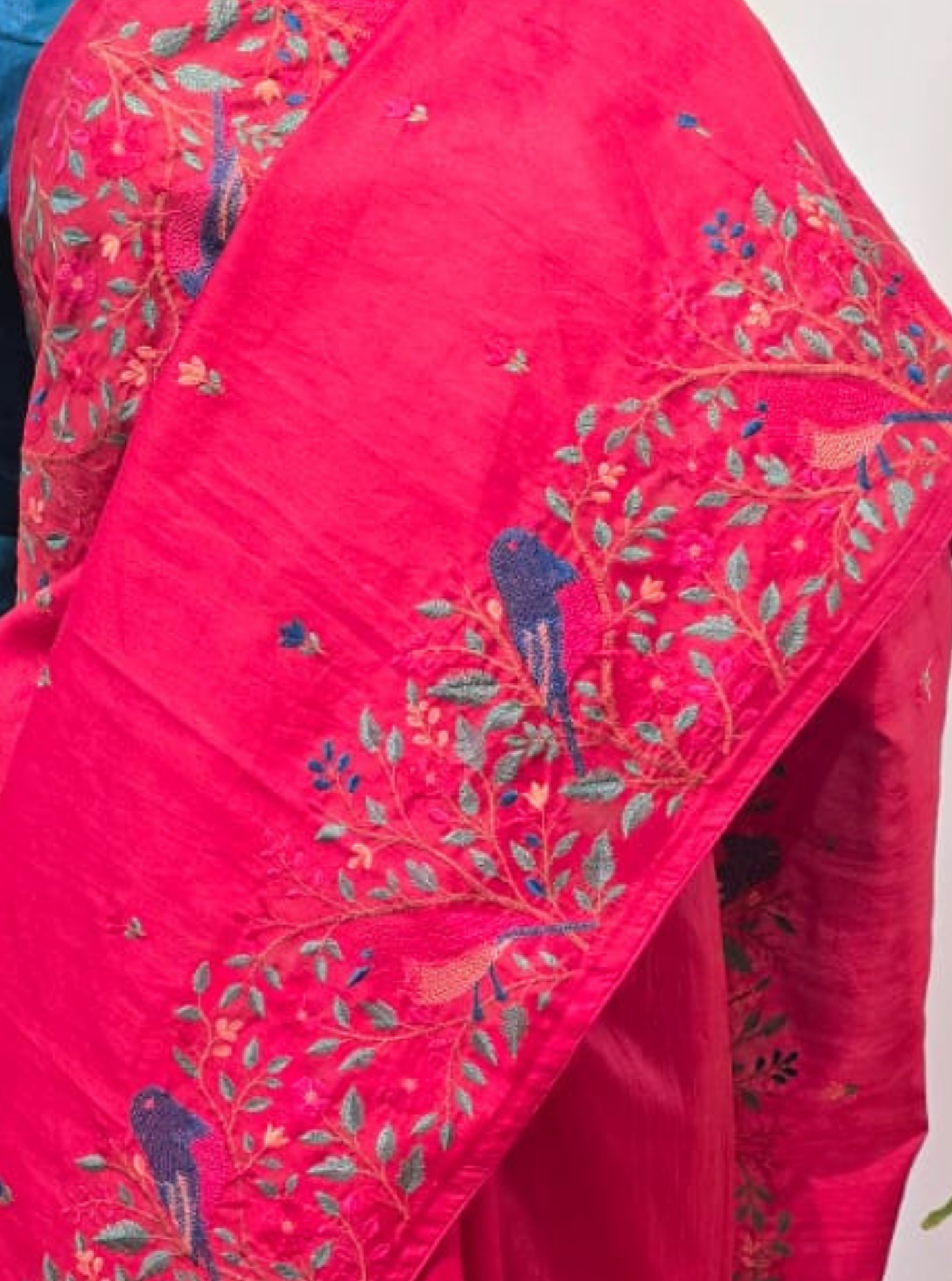 Crimson Red Tussar Saree with Bird & Floral Embroidery