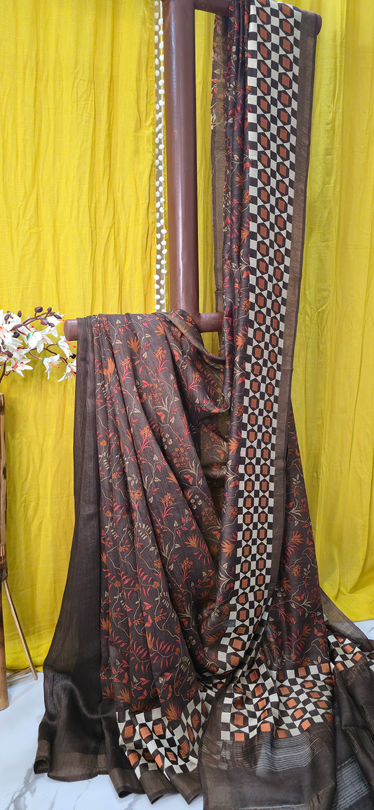 Beautiful Brown Munga Silk Saree with All Over Flower Design for Festive Wear