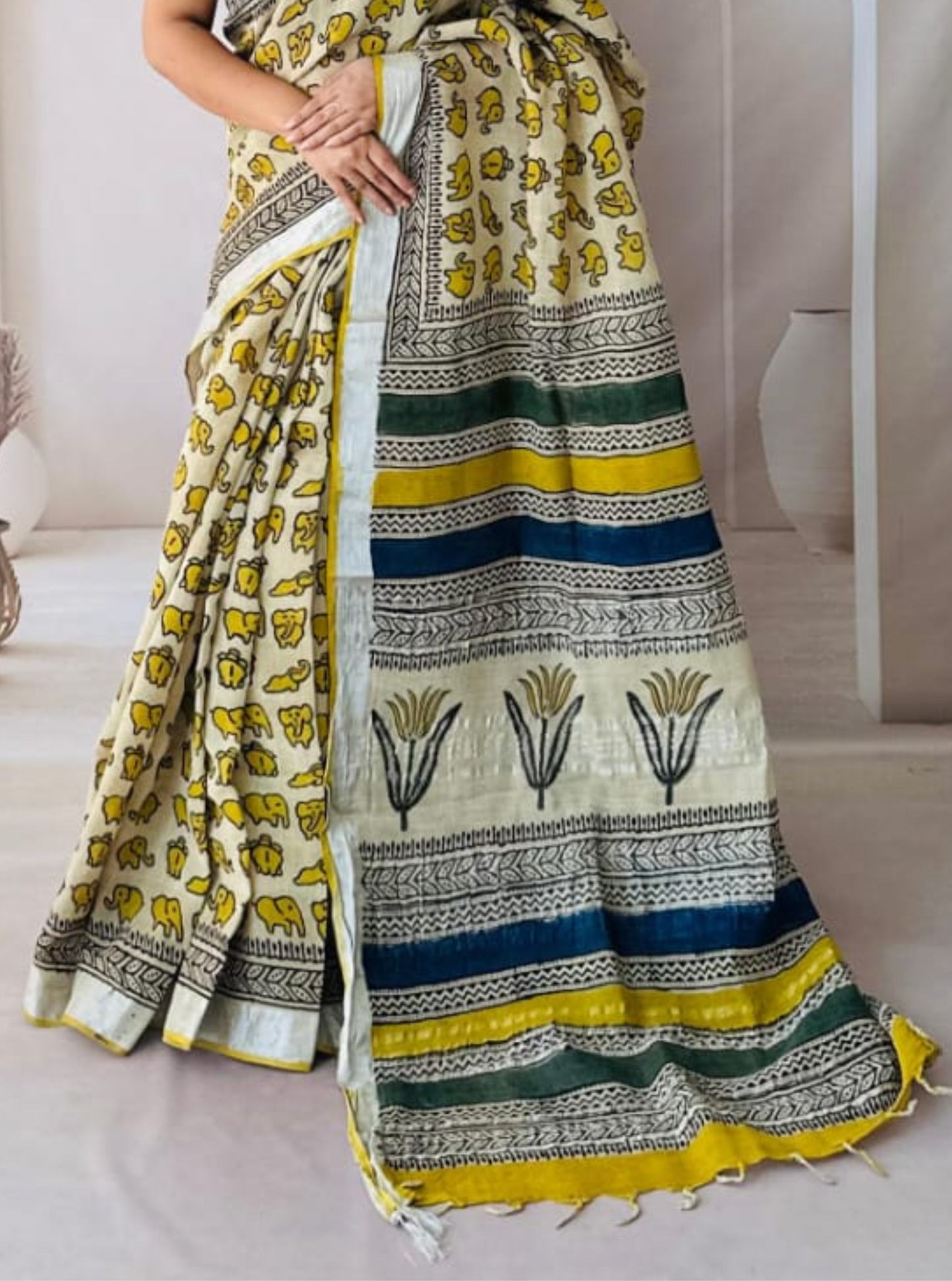 Ivory & Mustard Hand-Printed Linen Cotton Saree with Elephant Motifs