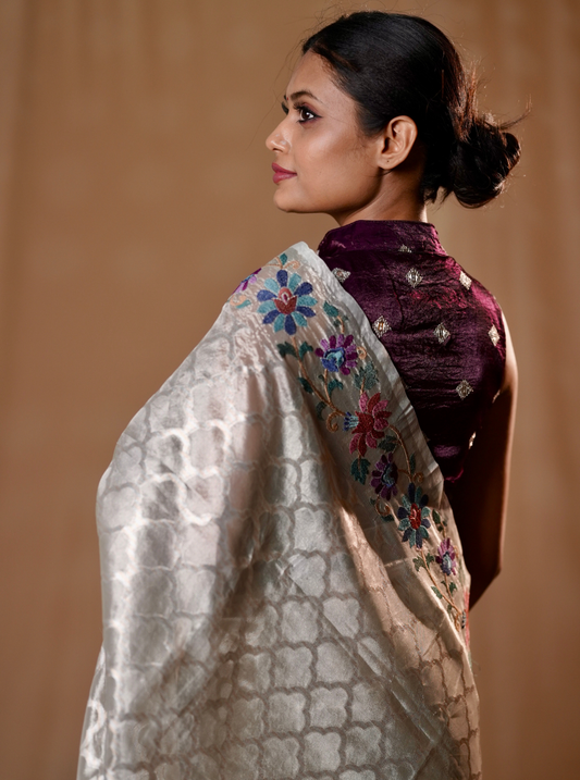 Elegant Silver Tissue Silk Saree with Floral Embroidery Border