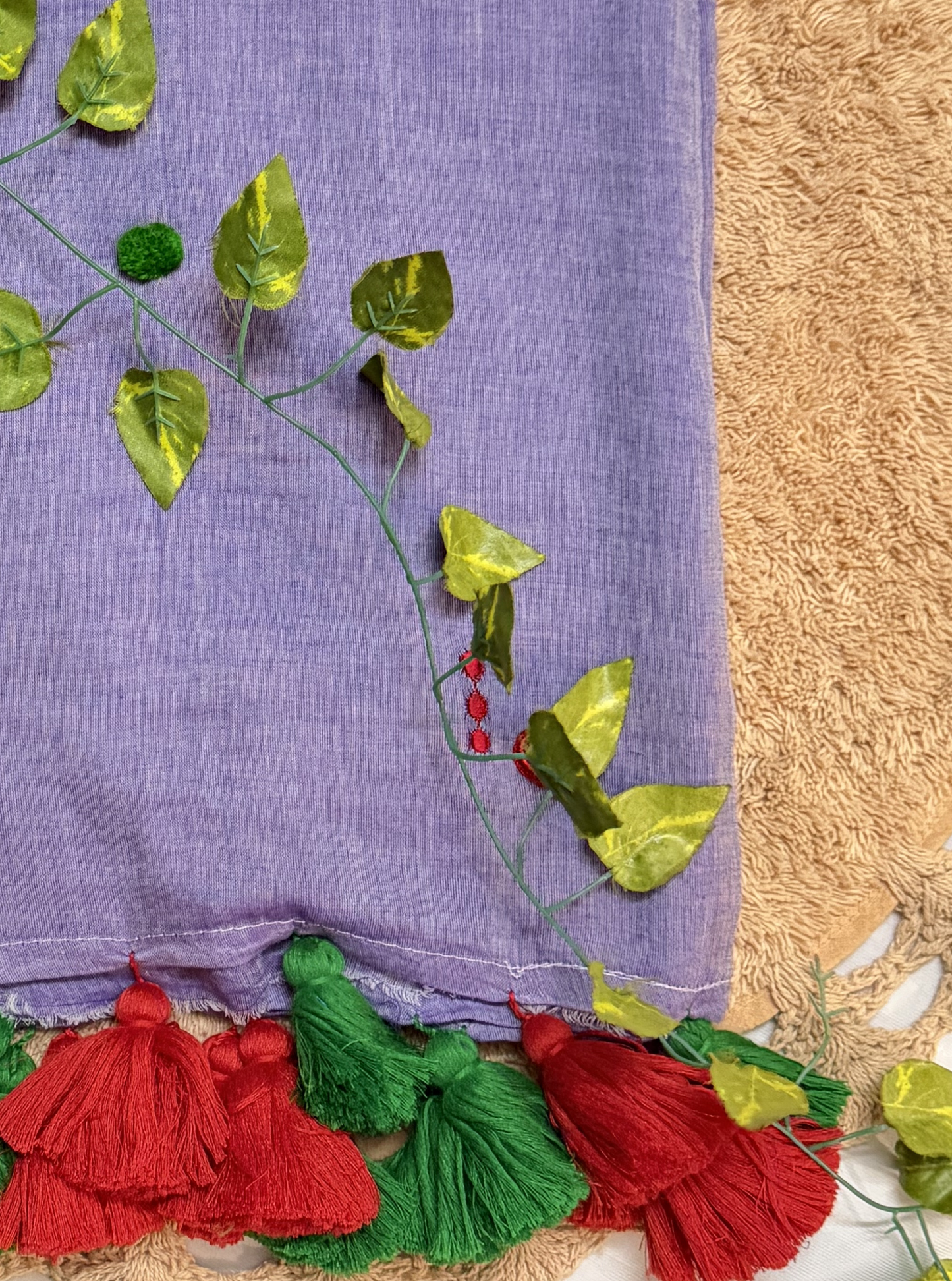Lavender Mul Cotton Saree with Red & Green Tassels