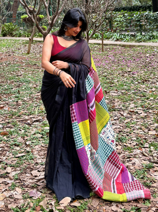 Midnight Patchwork Multi Color Mul Cotton Saree