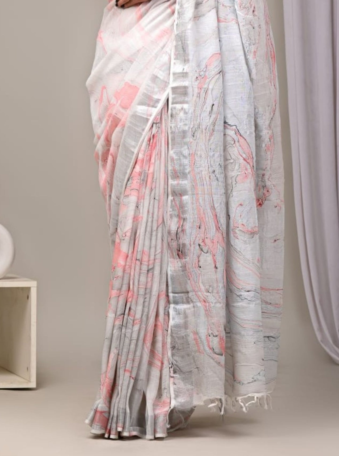 Grey Linen Cotton Saree with Soft Blush Marble Print