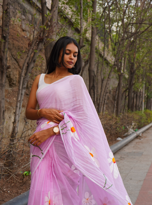 Pastel Pink Hand-Painted Mul Cotton Saree with Floral Art