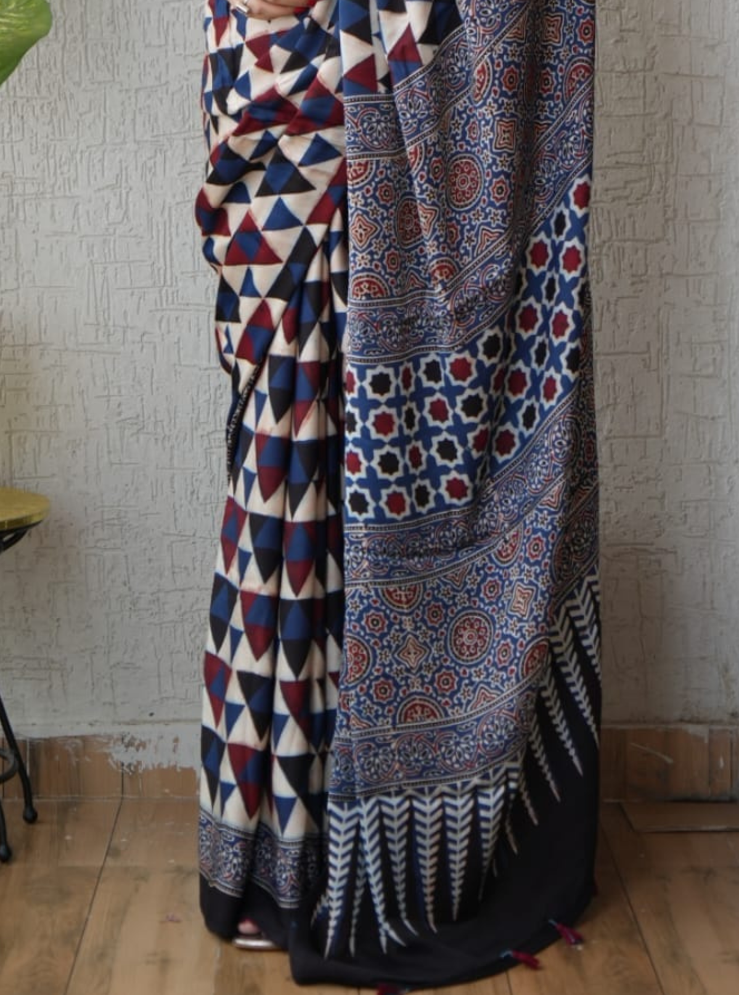 Indigo Geometry Modal Silk Ajrakh Hand-Block Saree