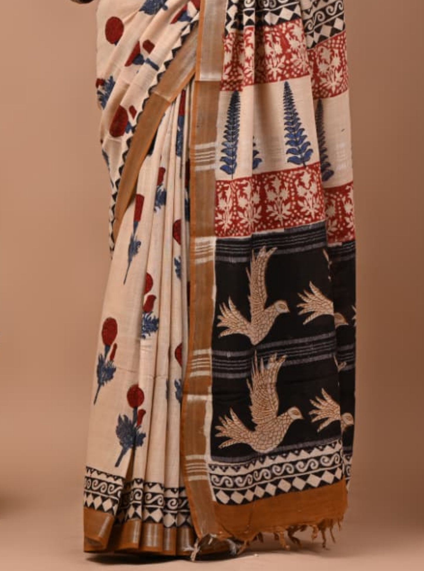 Beige Linen Cotton Saree with Artistic Ethnic Prints